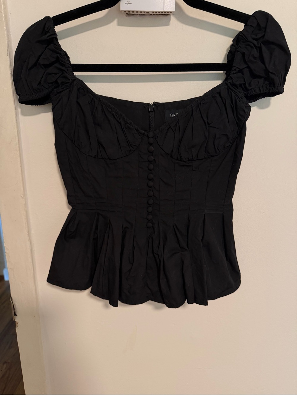 Bardot Black Button-Front Puff Sleeve Peplum Top
